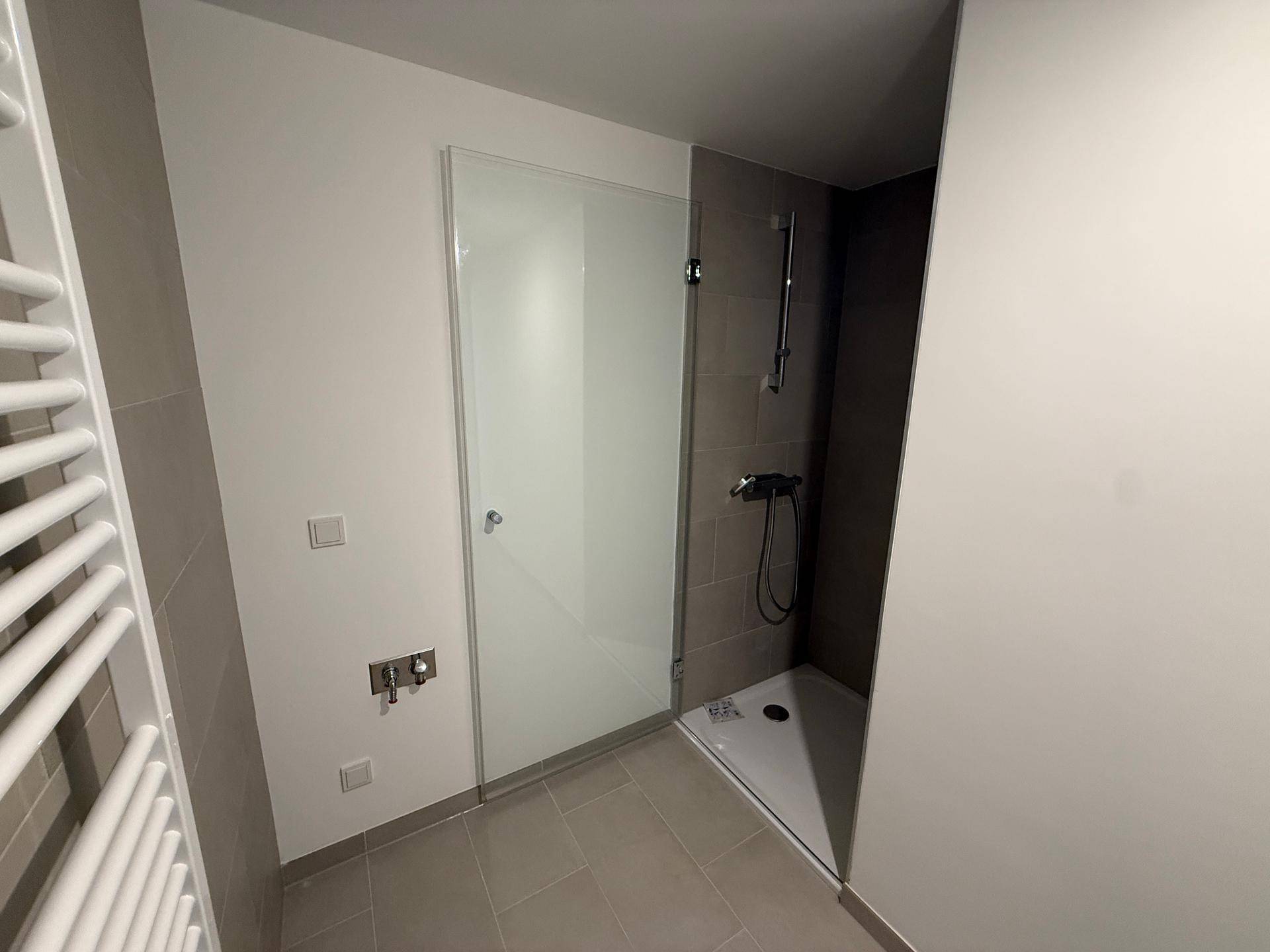 Elegante Dusche mit Glasabtrennung und dunklen Fliesen in einem modernen Badezimmer.