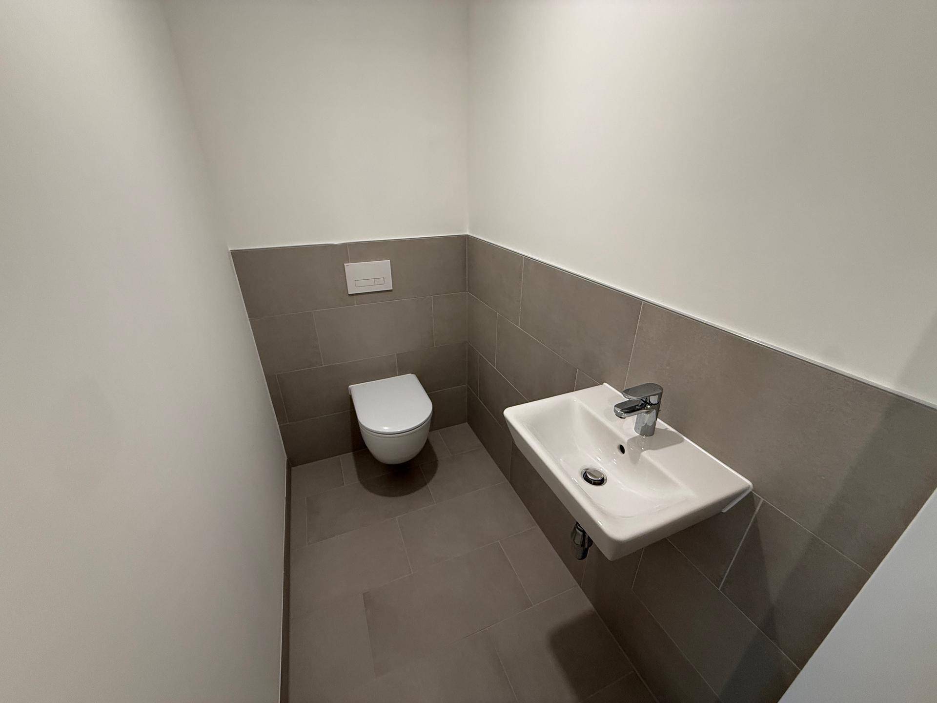 Modernes Gäste-WC mit wandhängender Toilette und kleinem Waschbecken in neutralen Grautönen.