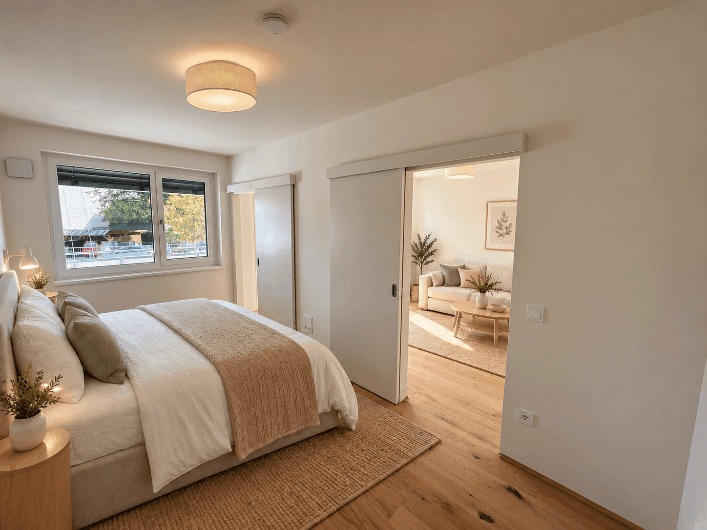 Helles Schlafzimmer mit Fenster, Rollläden und Blick in den offenen Wohnbereich.