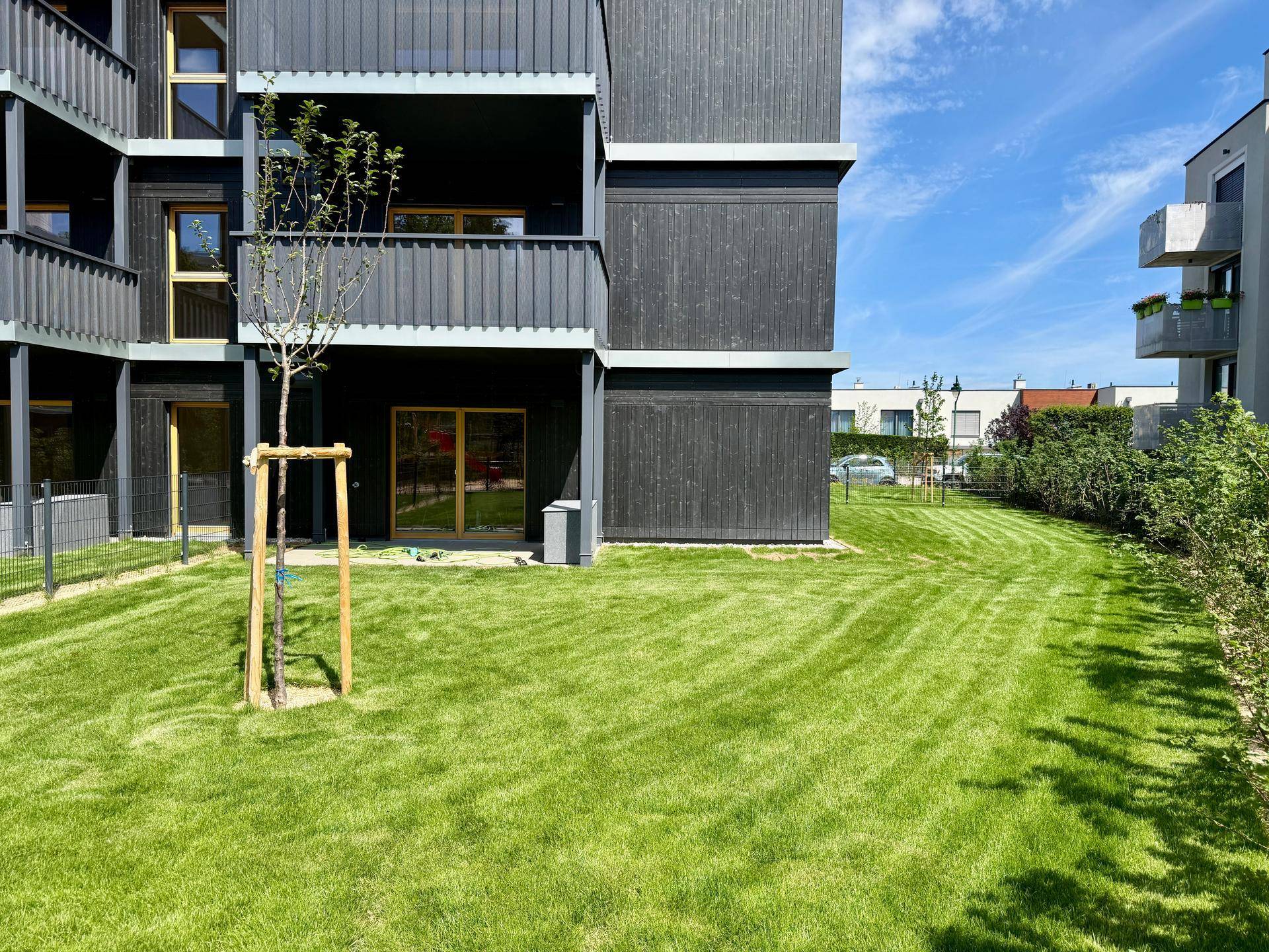 Gepflegte Rasenfläche vor einem modernen Wohngebäude mit dunkler Holzfassade und Balkonen.