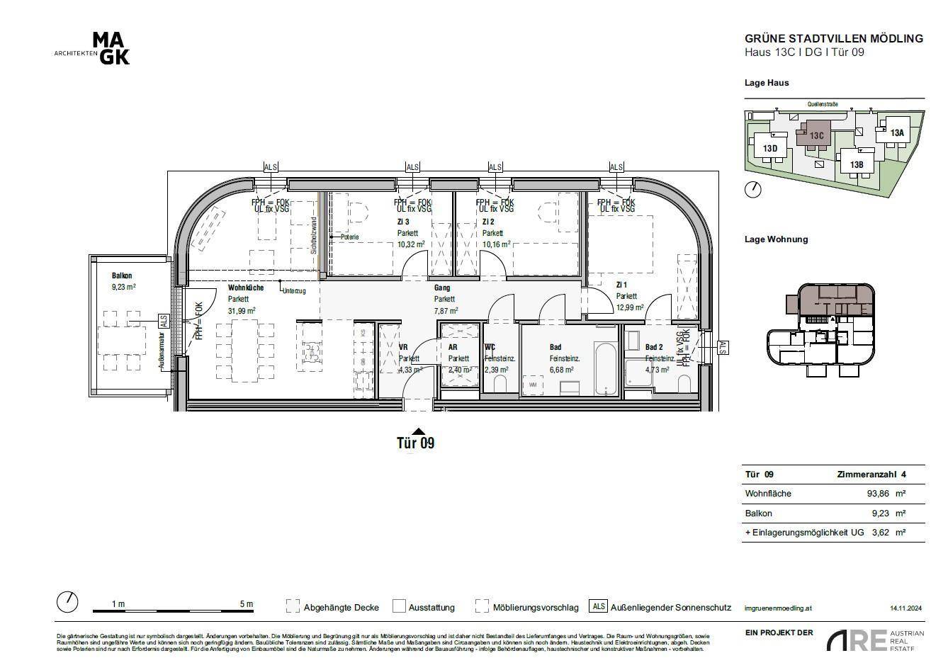 Grundriss einer Wohnung mit vier Zimmern, Balkon und separatem WC.