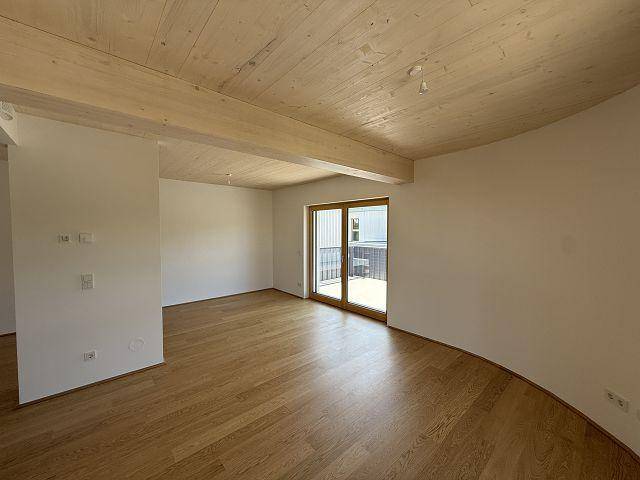 Heller Wohnbereich mit Holzboden, Holzdecke und Zugang zu einem Außenbereich durch große Türen.