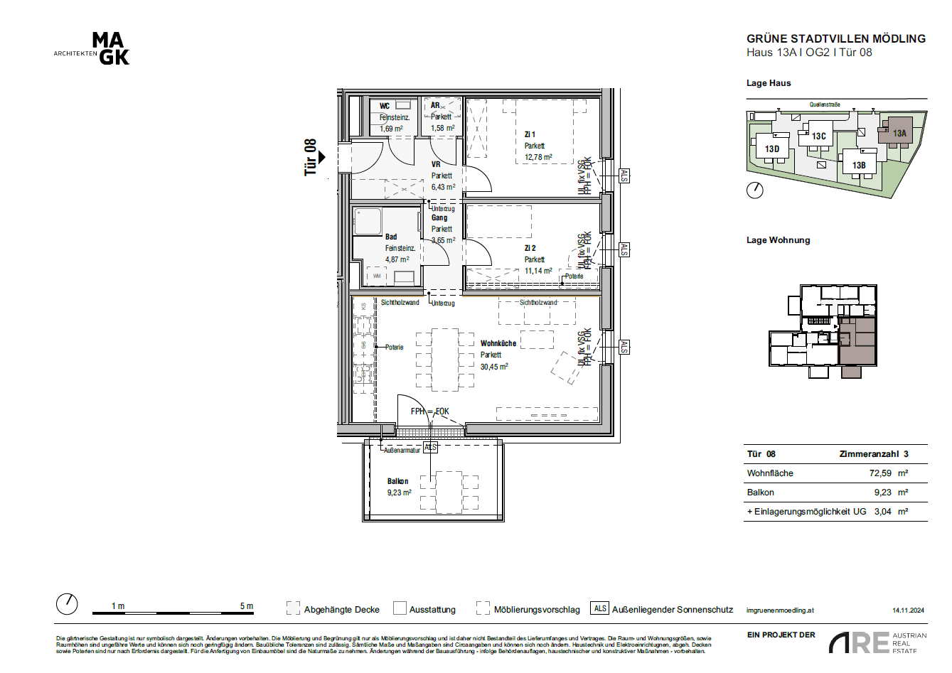 Grundriss der Wohnung 13A1 im Obergeschoss mit Balkon und offenem Wohnbereich.