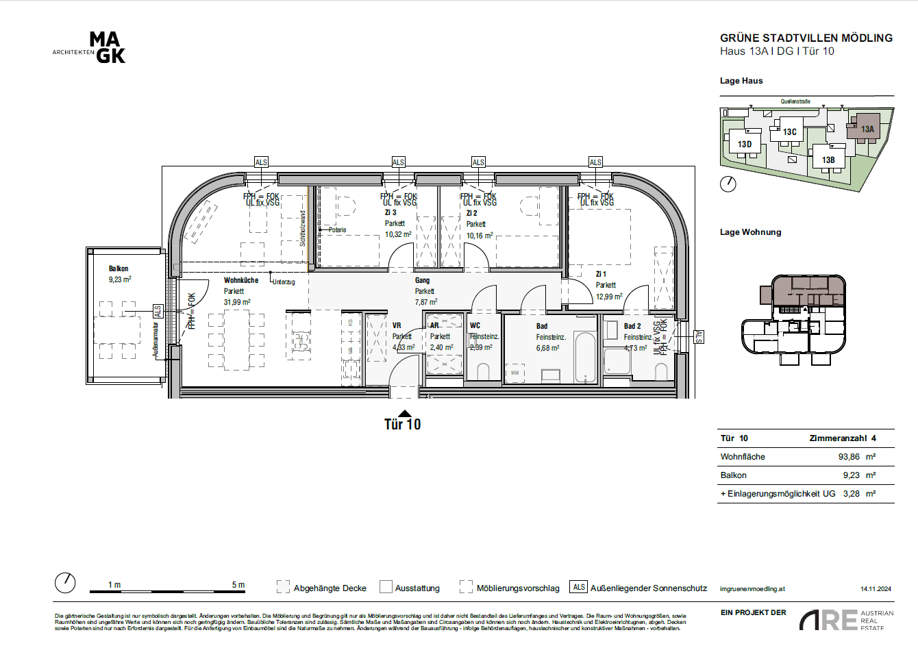 Detaillierter Grundriss einer 4-Zimmer-Wohnung mit Balkon und zwei Bädern.