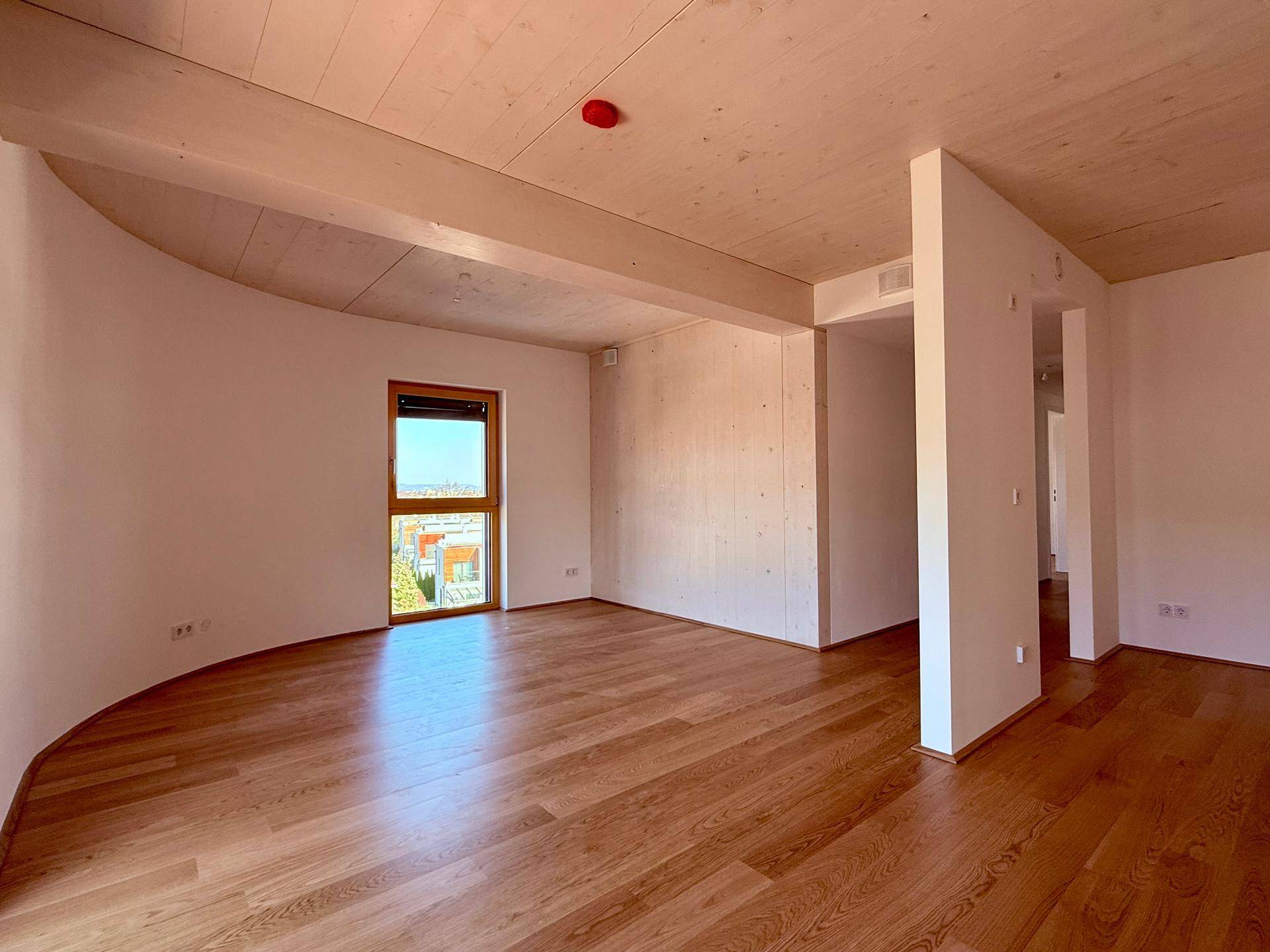 Heller Wohnraum mit Holzboden, hohen Decken und einem Fenster mit Weitblick auf die Landschaft.