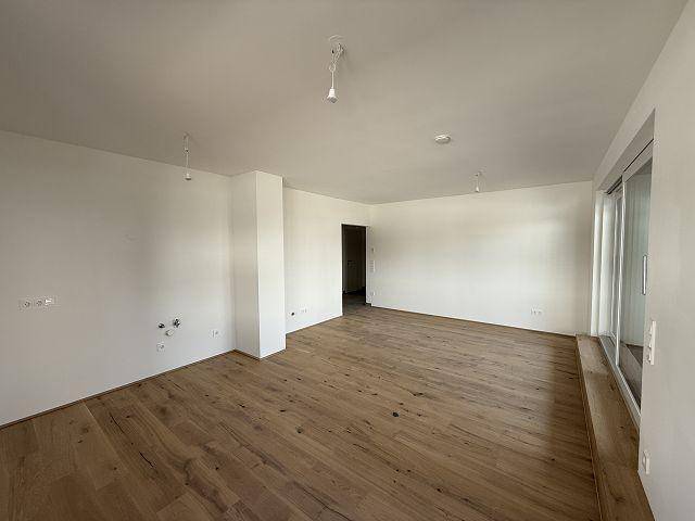 Offener Wohnbereich mit Holzboden und viel Tageslicht, ideal für moderne Wohnkonzepte.