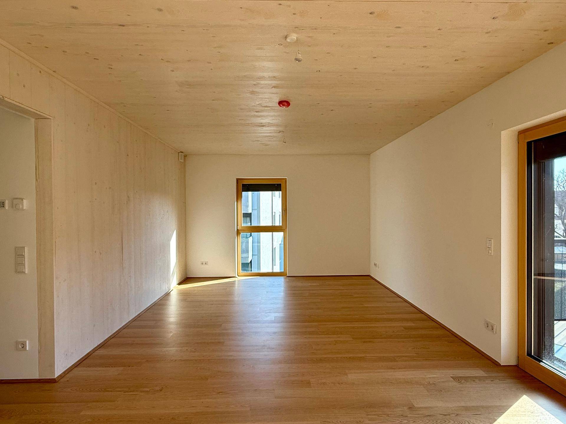Heller, leerer Raum mit Holzboden und Holzdecke, durchflutet von natürlichem Licht.