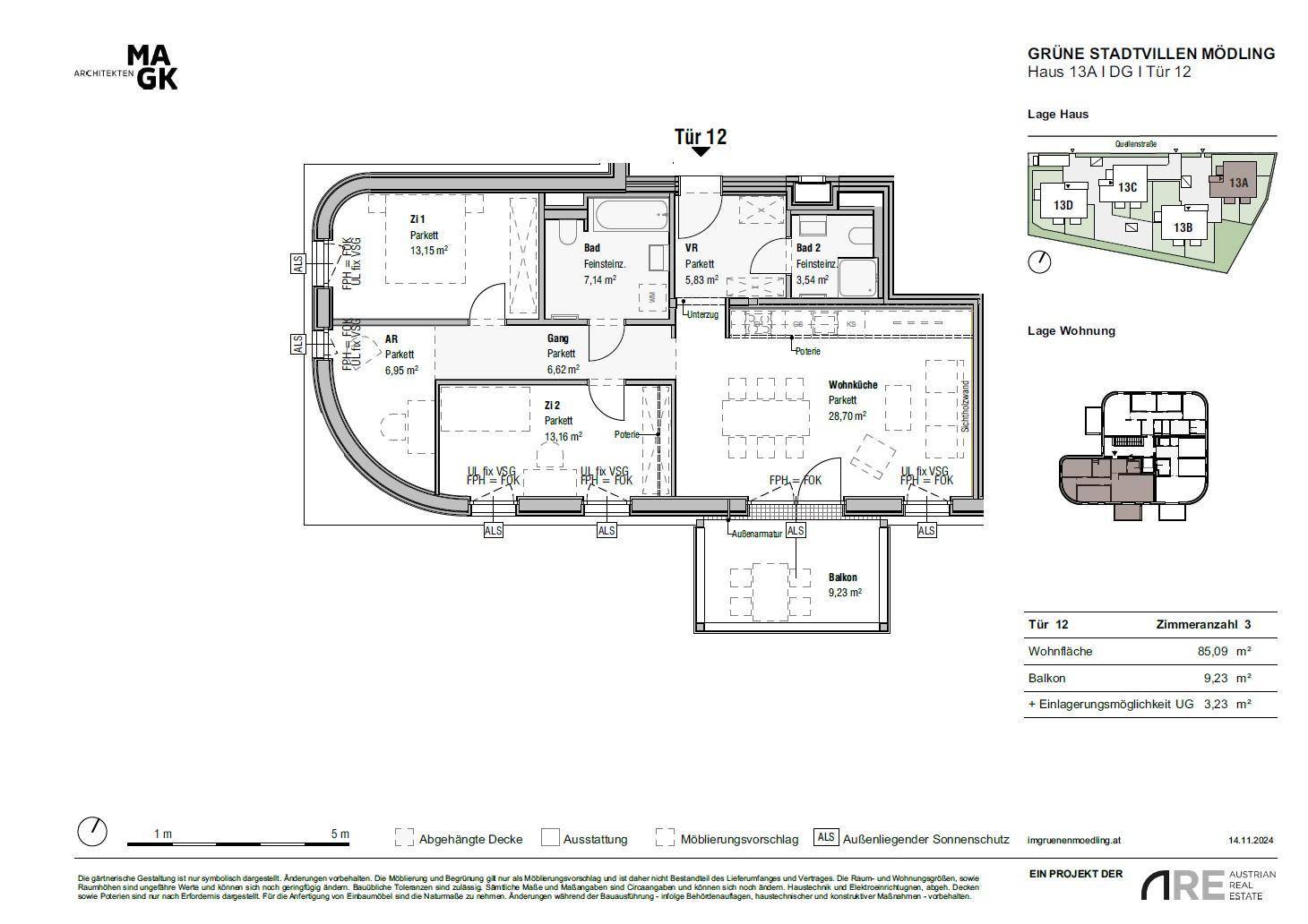 Grundriss der Wohnung Tür 12 mit drei Zimmern, zwei Bädern und einem Balkon von 9,23 m².