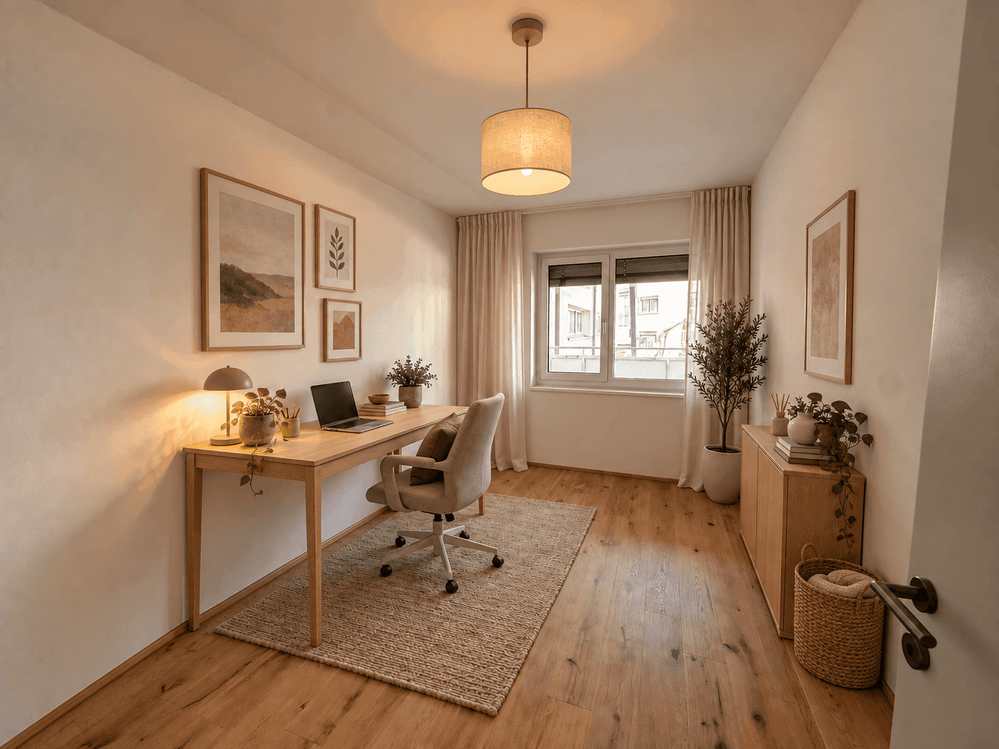 Helles Arbeitszimmer mit Holzboden, modernem Schreibtisch und Blick ins Grüne durch das große Fenster.