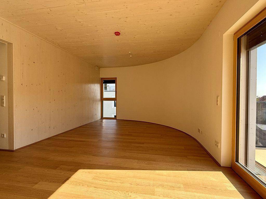 Moderner Innenraum mit geschwungener Wand, Holzboden und viel Tageslicht durch ein großes Fenster.