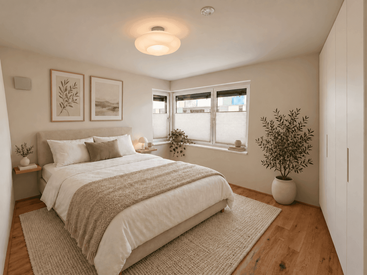Gemütliches Schlafzimmer mit Holzboden, großem Bett und modernen Möbeln.