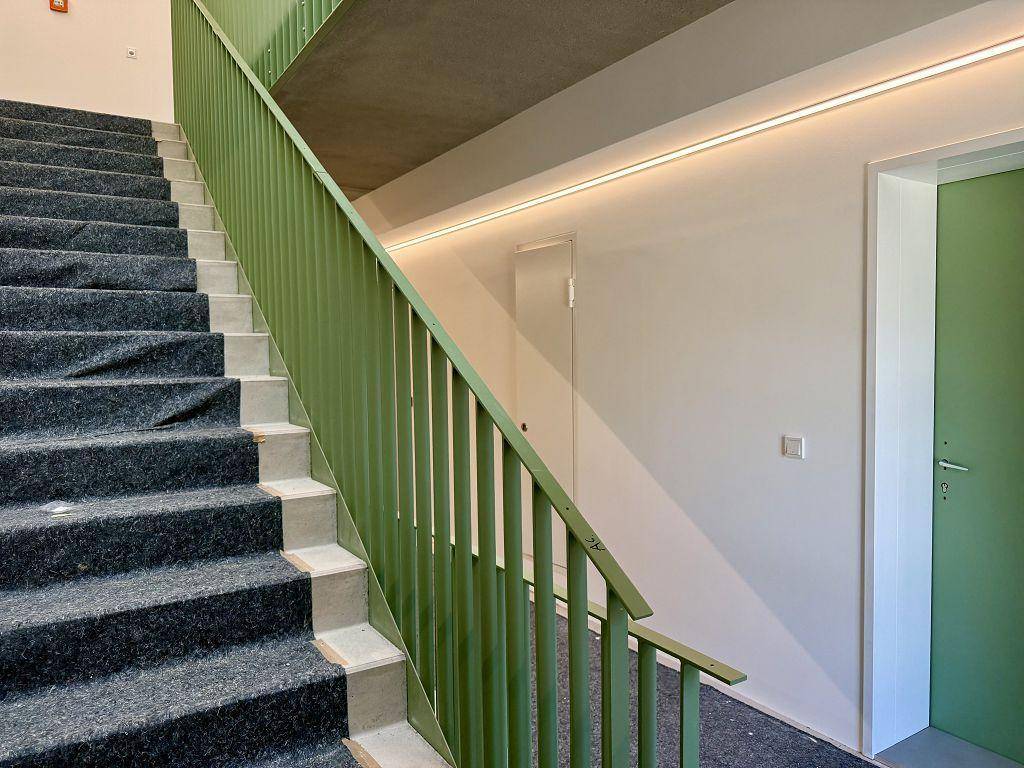 Treppenhaus mit grünem Geländer und Teppichboden, führt zu den Wohnungen mit modernen Türen.