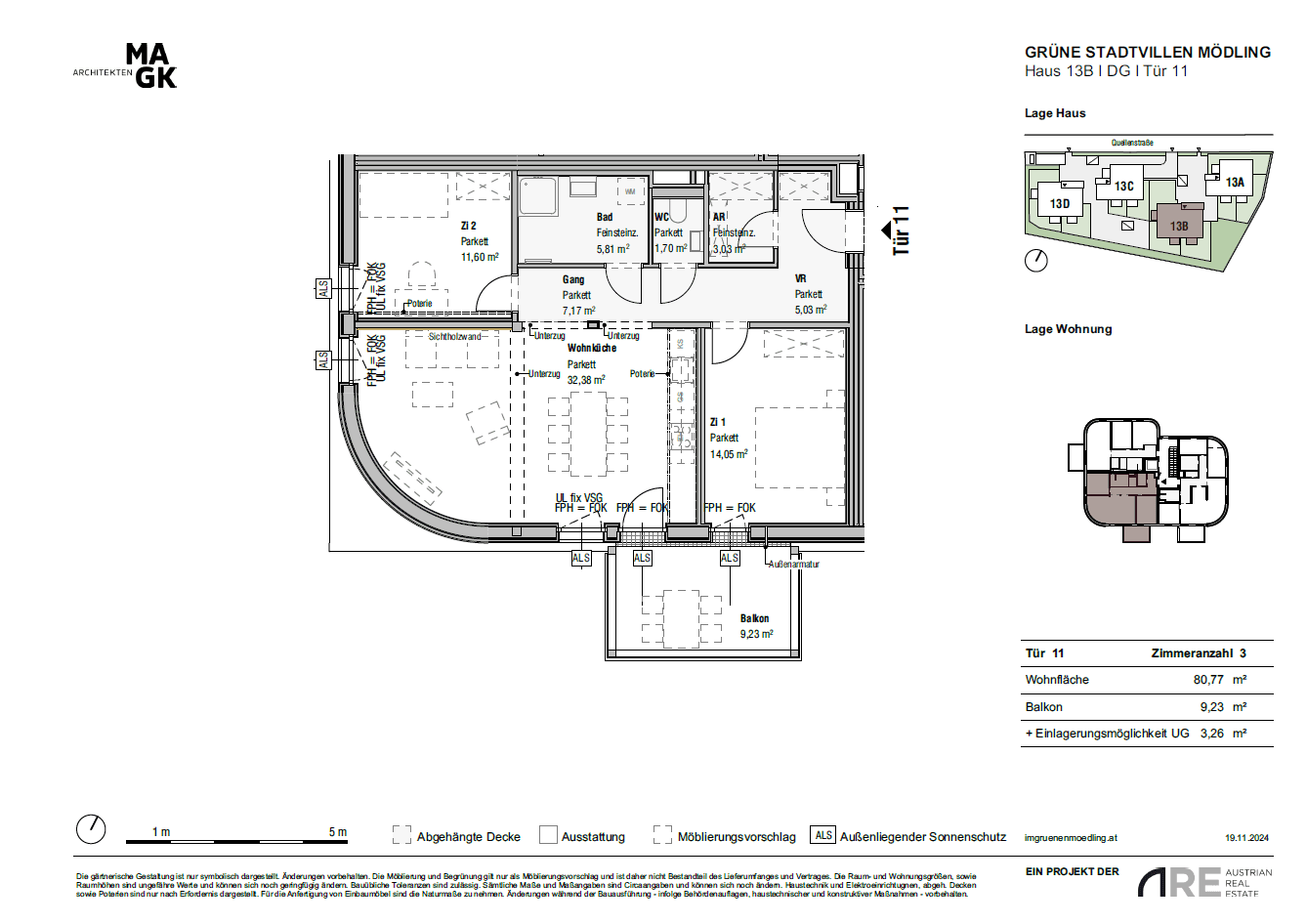 Detaillierter Grundriss der Wohnung Tür 11 mit drei Zimmern und Balkon.