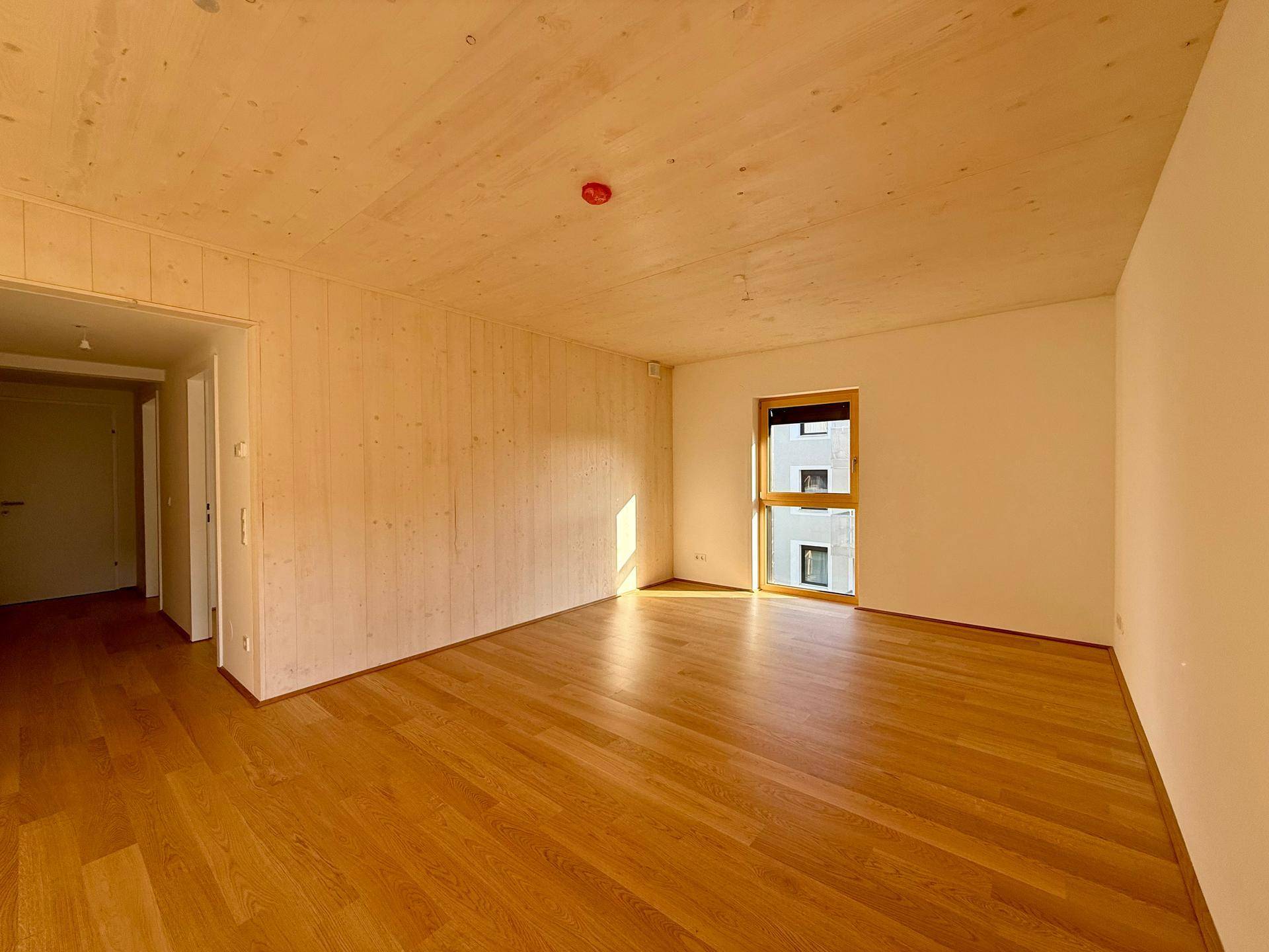 Heller Wohnraum mit Holzboden, Holzdecke und Zugang zu weiteren Zimmern.