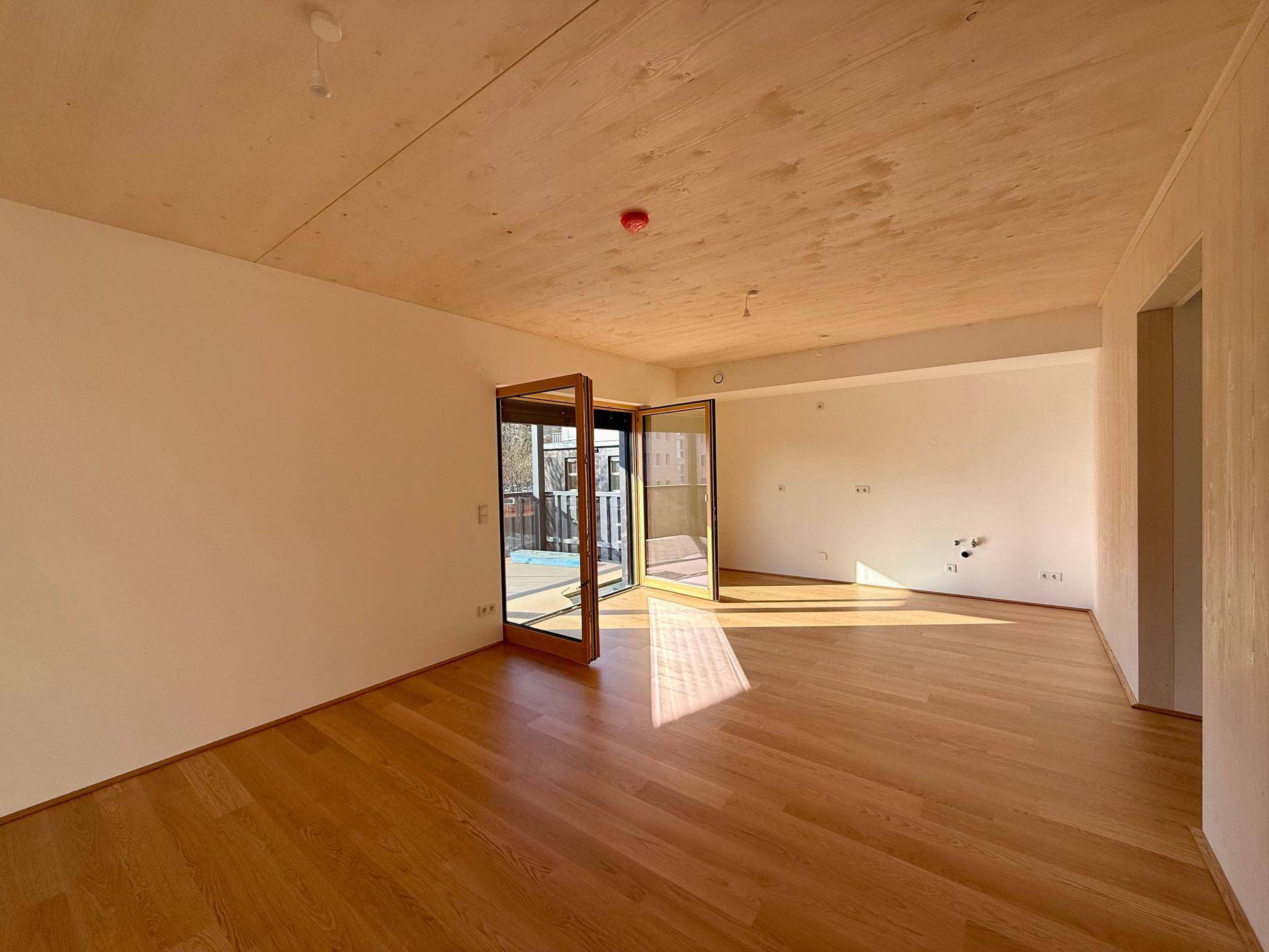 Lichtdurchfluteter Wohnraum mit Holzboden, Holzdecke und Zugang zu einem Außenbereich.