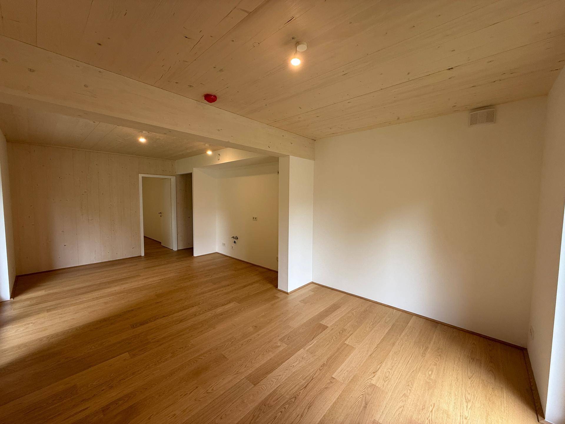 Großzügiger, heller Raum mit Holzboden und Holzdecke, ideal für individuelle Gestaltungsmöglichkeiten.