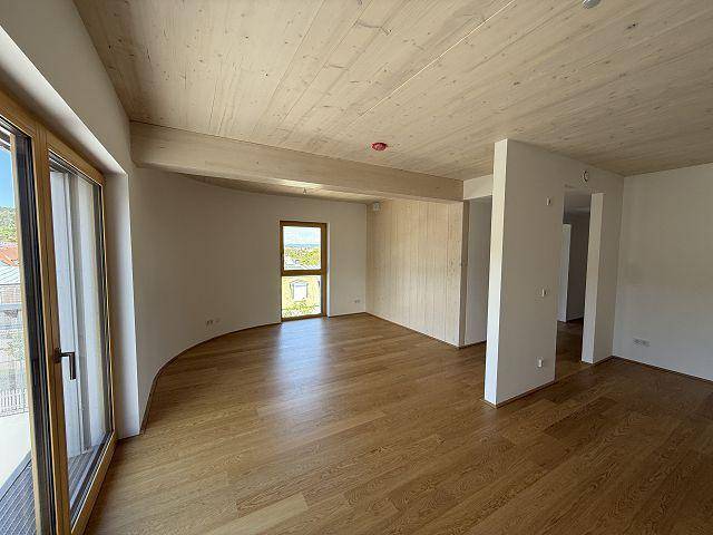 Lichtdurchfluteter Wohnbereich mit Holzboden, Holzdecke und moderner, offener Raumgestaltung.