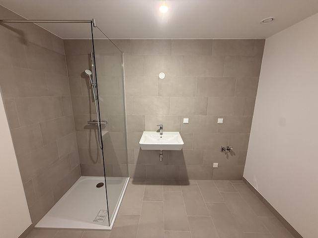 Modernes Badezimmer mit begehbarer Dusche und Wandwaschbecken, in neutralen Grautönen gehalten.