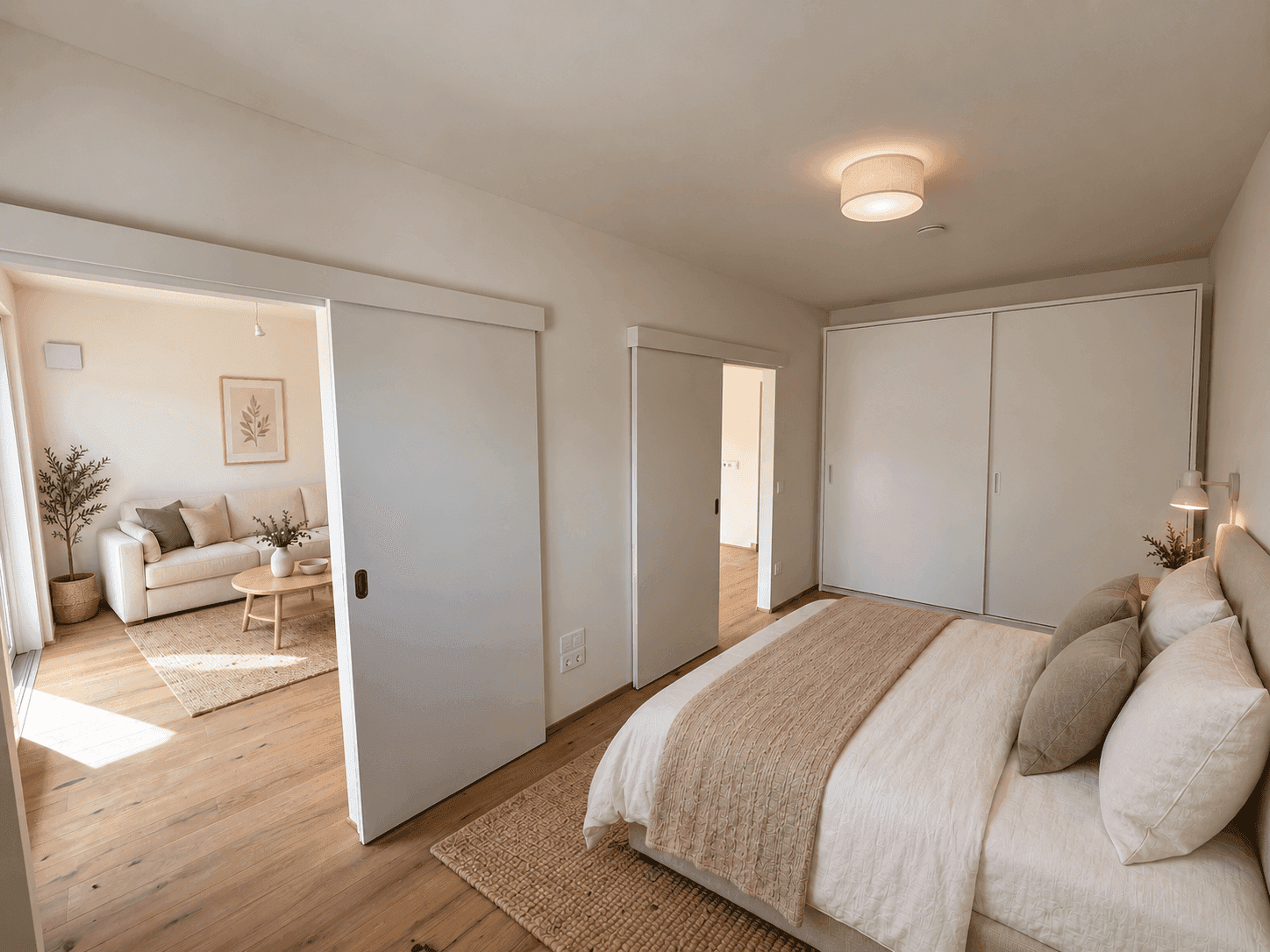 Schlafzimmer mit Holzboden, Einbauschränken und Schiebetüren zum Wohnbereich.