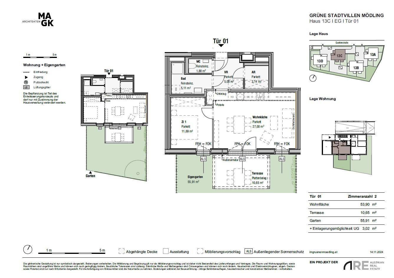 Detaillierter Grundriss einer Wohnung mit Garten, Terrasse und offenem Wohnbereich.
