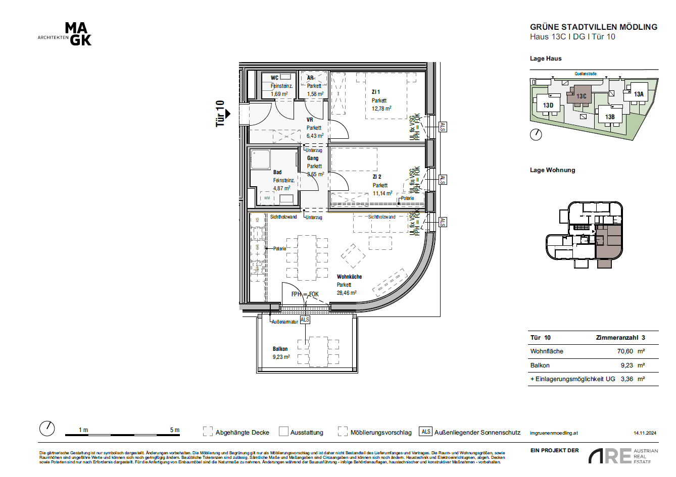 Grundriss der Wohnung Tür 10 mit drei Zimmern, Balkon und einer Wohnfläche von 70,60 m².