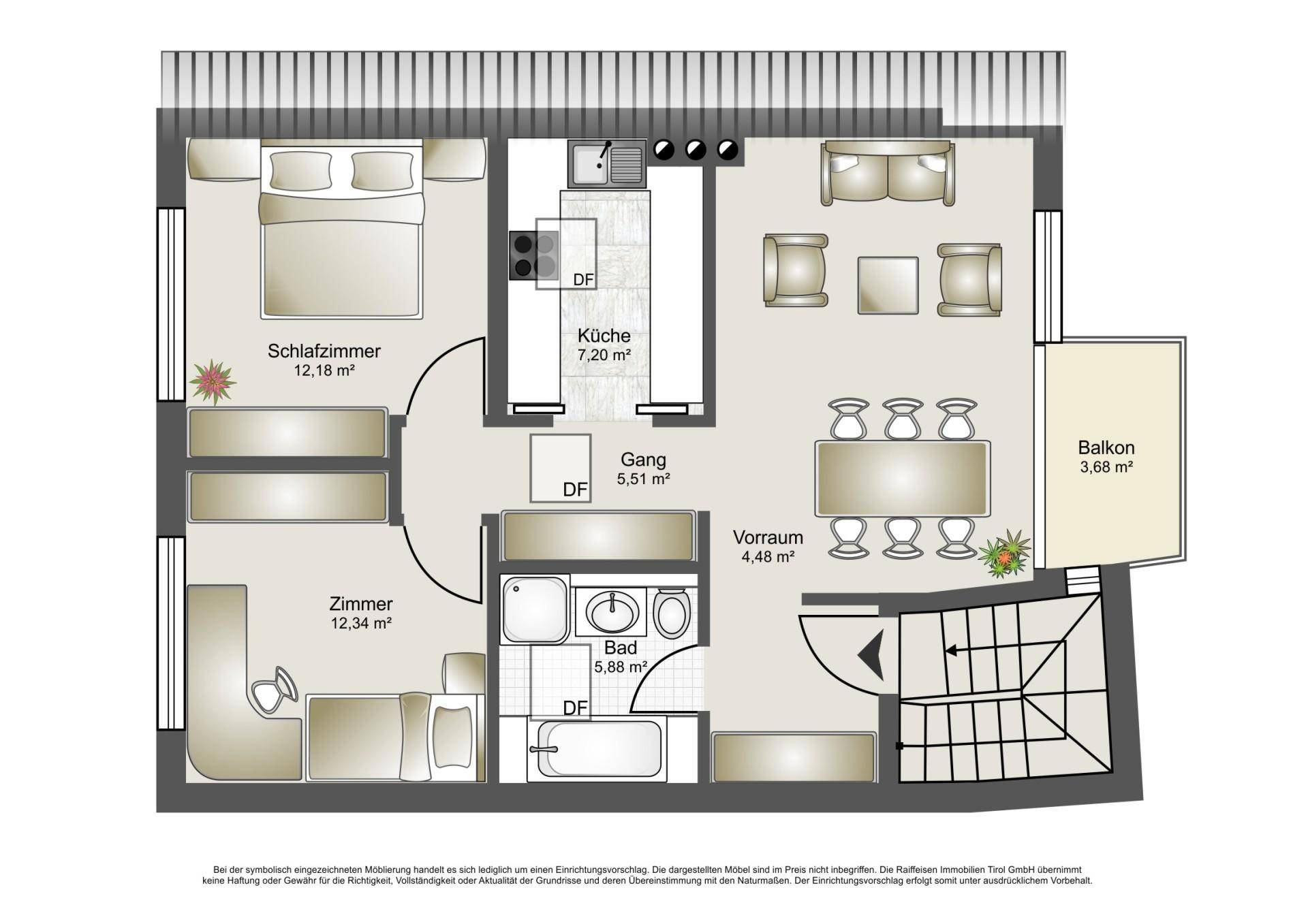 Grundriss einer Wohnung mit Schlafzimmer, Bad, Küche, Wohnbereich und Balkon.