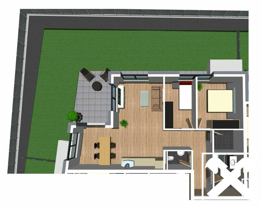 Detaillierter Grundriss einer Wohnung mit offenem Wohnbereich, Schlafzimmer, Bad und Terrasse mit Garten.