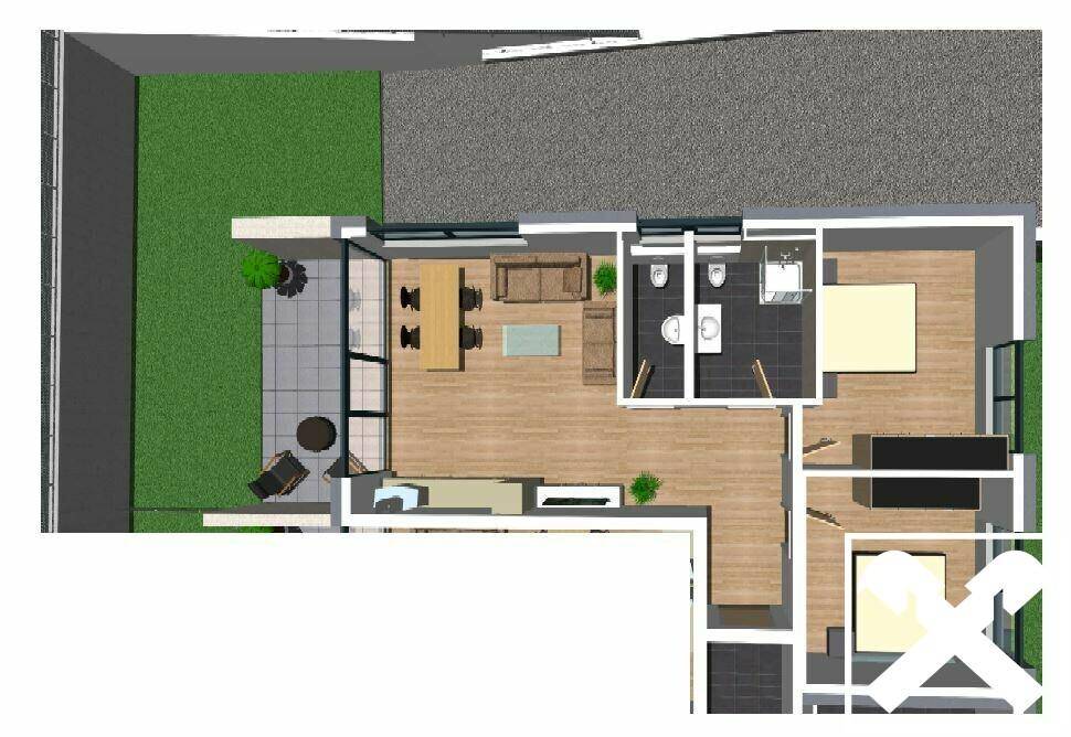 Grundriss einer Wohnung mit offenem Wohnbereich, Terrasse und Gartenanteil.