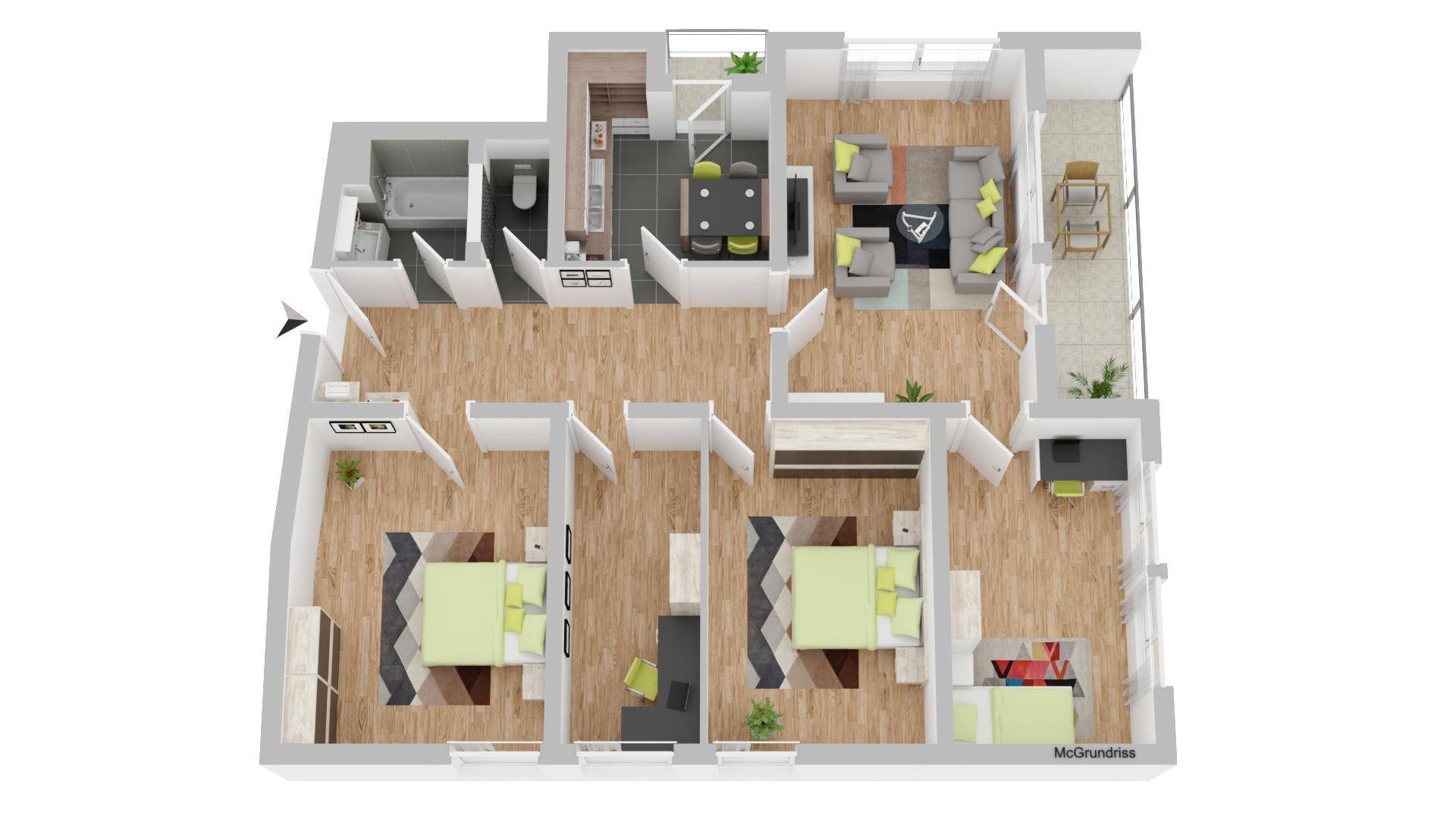 Detaillierter Grundriss der Wohnung mit drei Schlafzimmern, offenem Wohnbereich und Balkon.