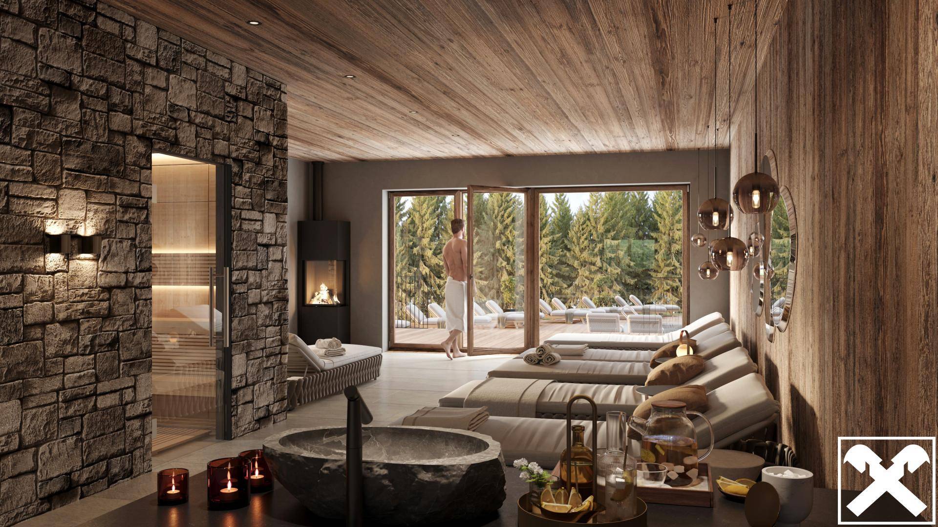 Entspannungsbereich mit Steinwand, Holzelementen, Kamin und Blick auf den Außenpool.