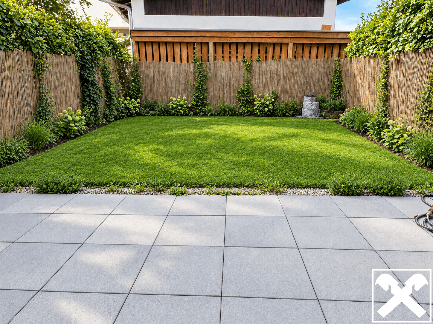 Gepflegter Garten mit Rasenfläche und einer großzügigen gepflasterten Terrasse.