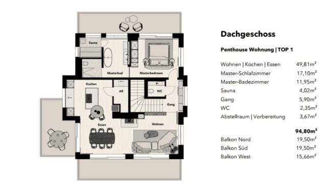 Grundriss des Dachgeschosses der Penthouse-Wohnung mit offener Wohnküche, Sauna und drei Balkonen.