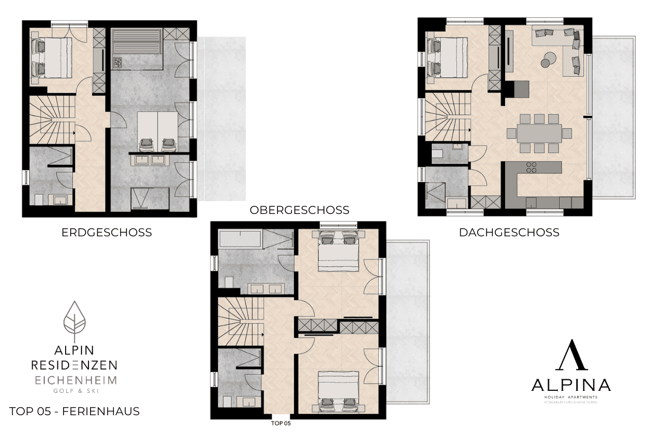 Grundrisspläne für Erdgeschoss, Obergeschoss und Dachgeschoss eines Ferienhauses.