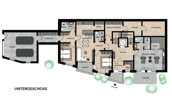 Grundriss des Untergeschosses mit Zimmern, Bädern, Sauna, Wellnessbereich und Garage.