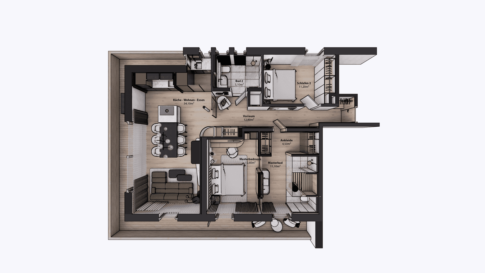 Detaillierter Grundriss einer modernen Wohnung mit offenem Wohn-Essbereich, zwei Schlafzimmern, zwei Bädern und Balkon.