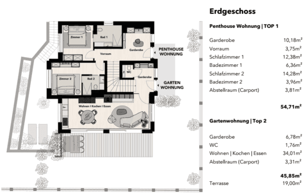 Grundriss des Erdgeschosses mit einer Penthouse- und einer Gartenwohnung, inklusive offener Wohnbereiche und Terrassenzugang.