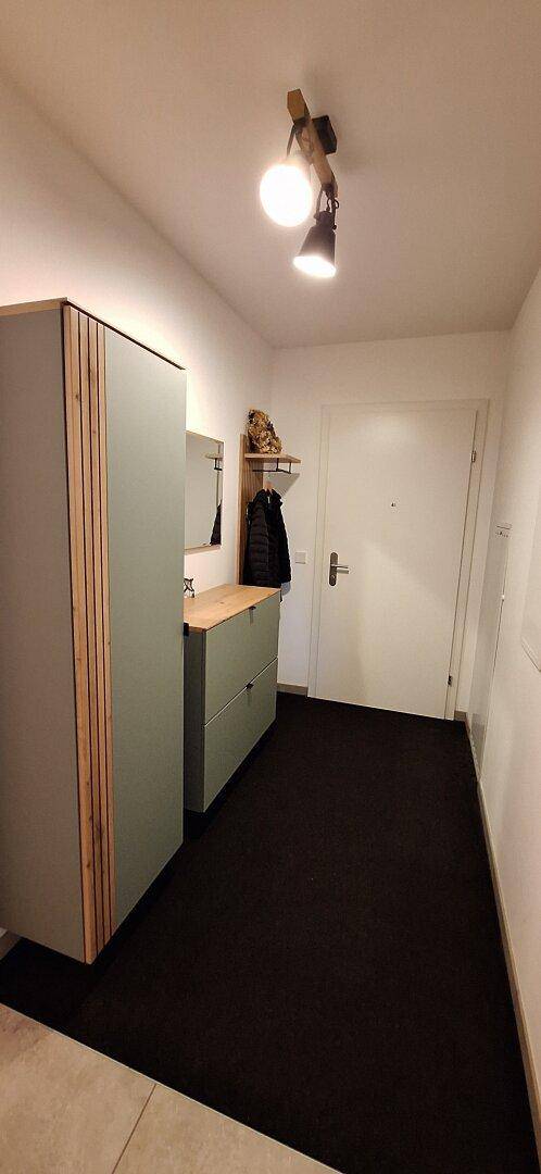 Eingangsbereich mit Garderobe, Spiegel und dunklem Teppichboden, der zu weiteren Räumen führt.