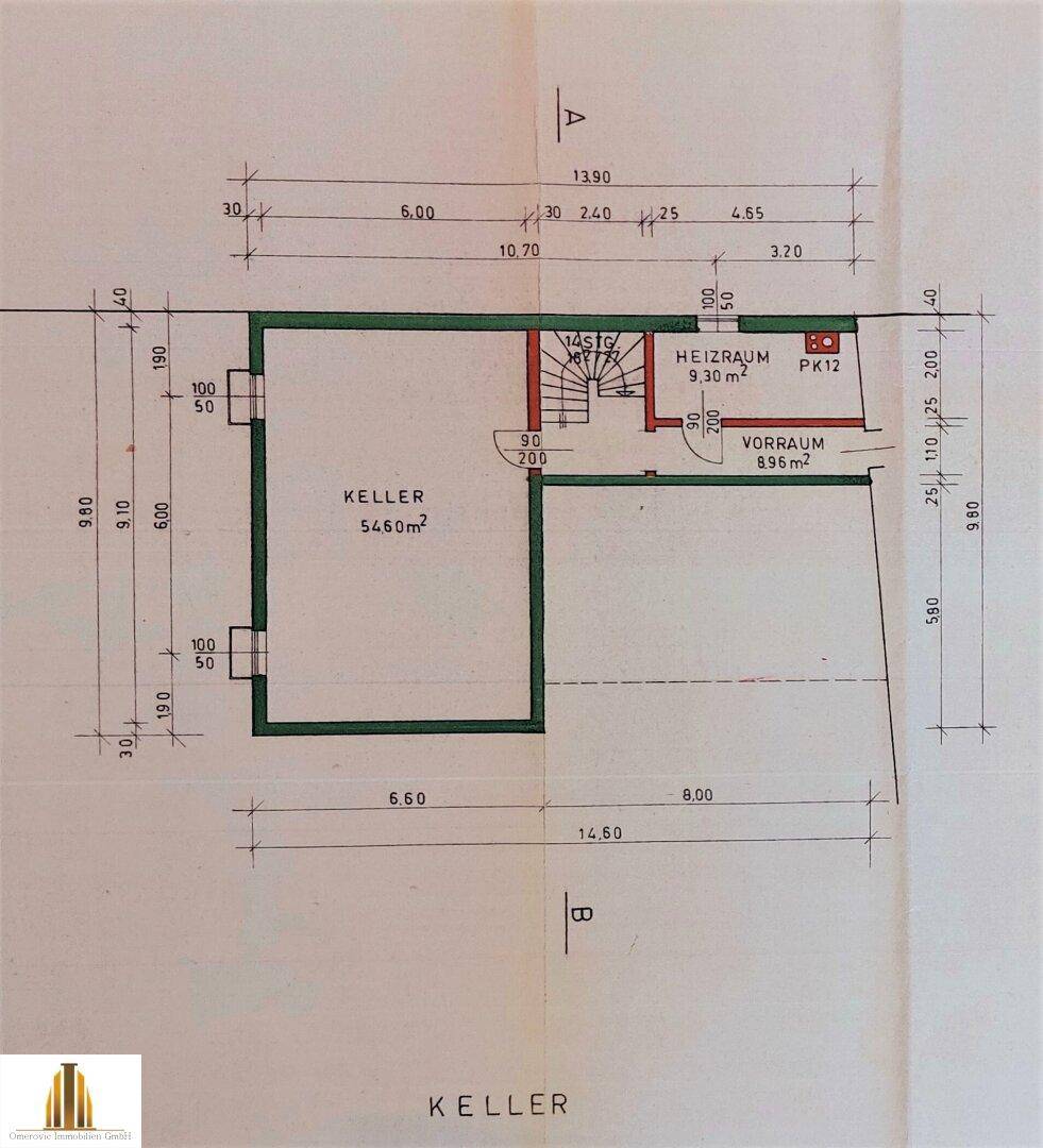 Grundriss des Kellers mit Heizraum und Vorraum, inklusive detaillierter Maßangaben.