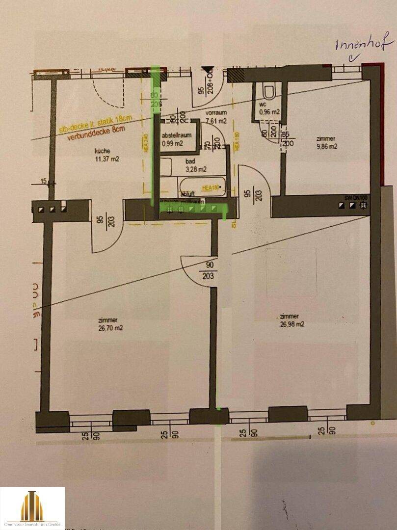 Grundriss einer Wohnung mit drei Zimmern, Küche, Bad und separatem WC, inklusive Flächenangaben.