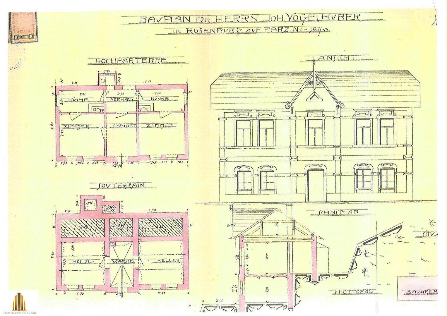 Historischer Bauplan eines Hauses mit Grundrissen für Hochparterre und Souterrain.