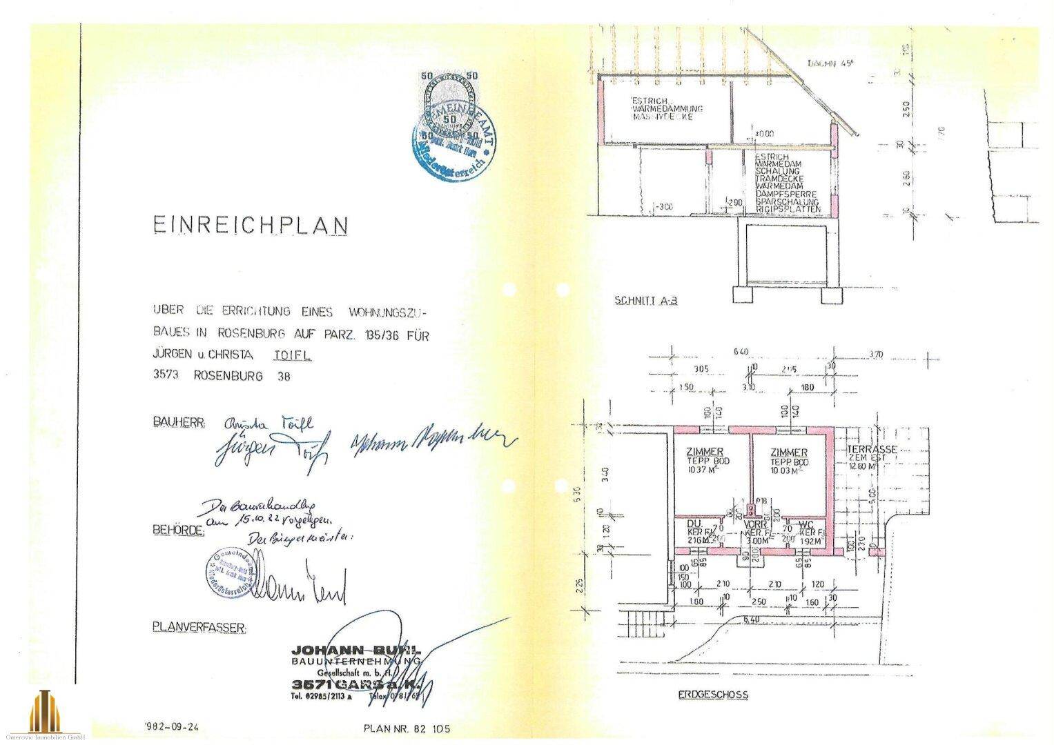 Einreichplan für ein Wohnhaus mit Grundriss des Erdgeschosses und Schnittansicht.