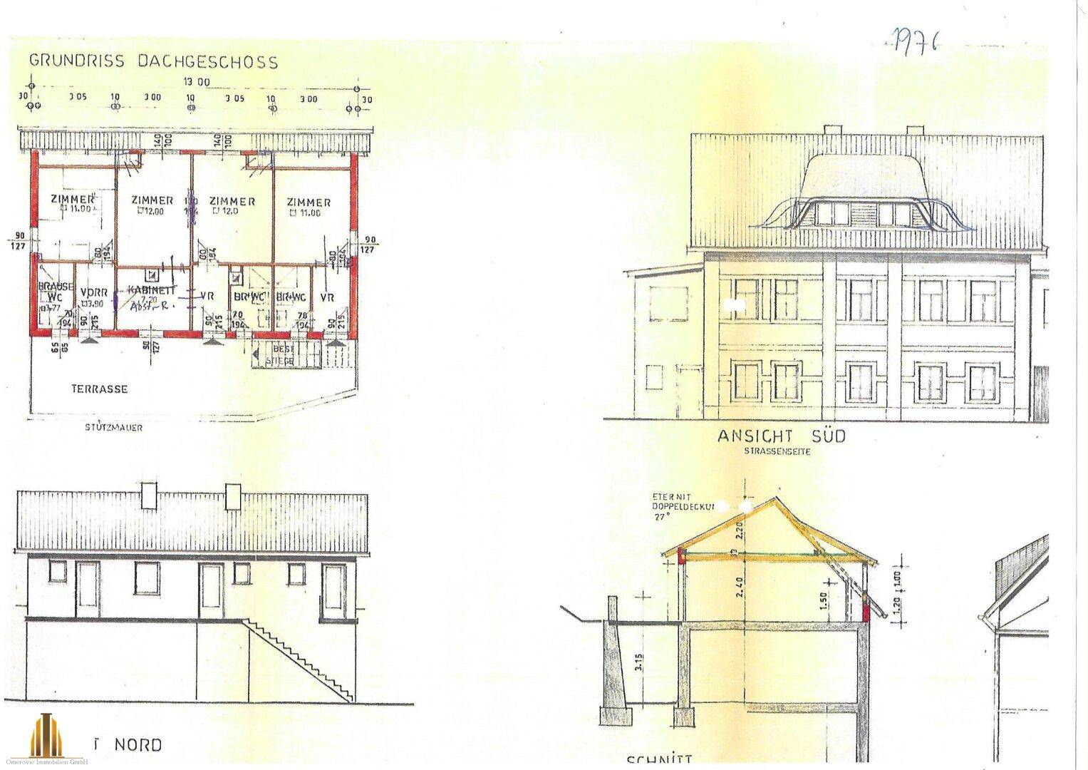 Grundriss des Dachgeschosses mit Zimmeraufteilung und Südansicht des Gebäudes.