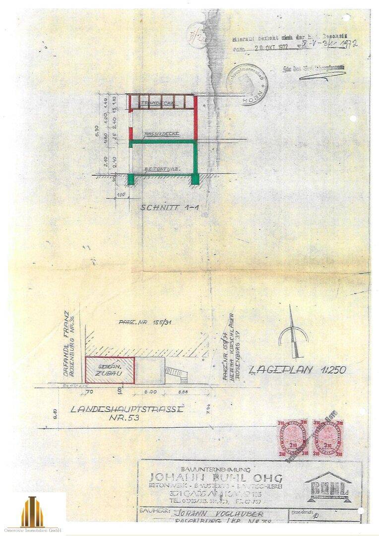 Historischer Lageplan und Schnittzeichnung eines Gebäudes mit Grundstücksangaben.