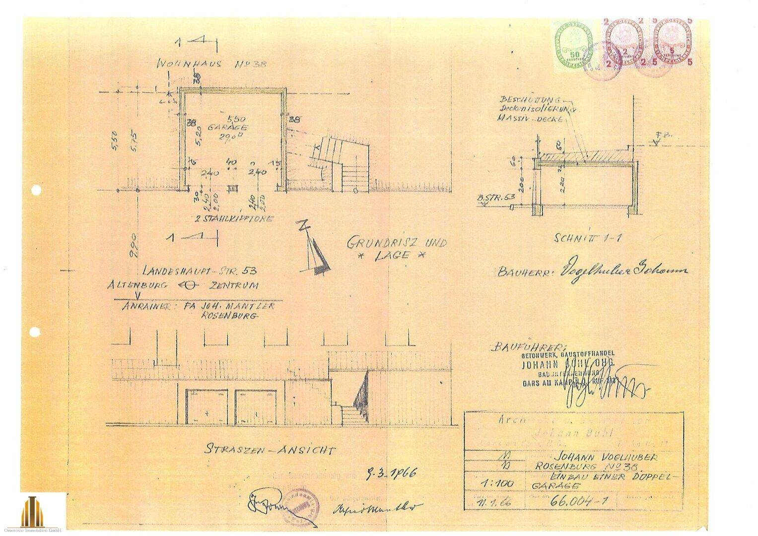 Grundriss und Lageplan einer Doppelgarage mit Straßenansicht, datiert 1966.