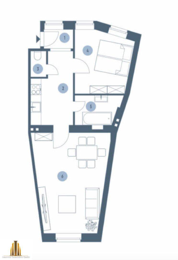 Grundriss einer Wohnung mit Schlafzimmer, Bad, Küche und offenem Wohnbereich.