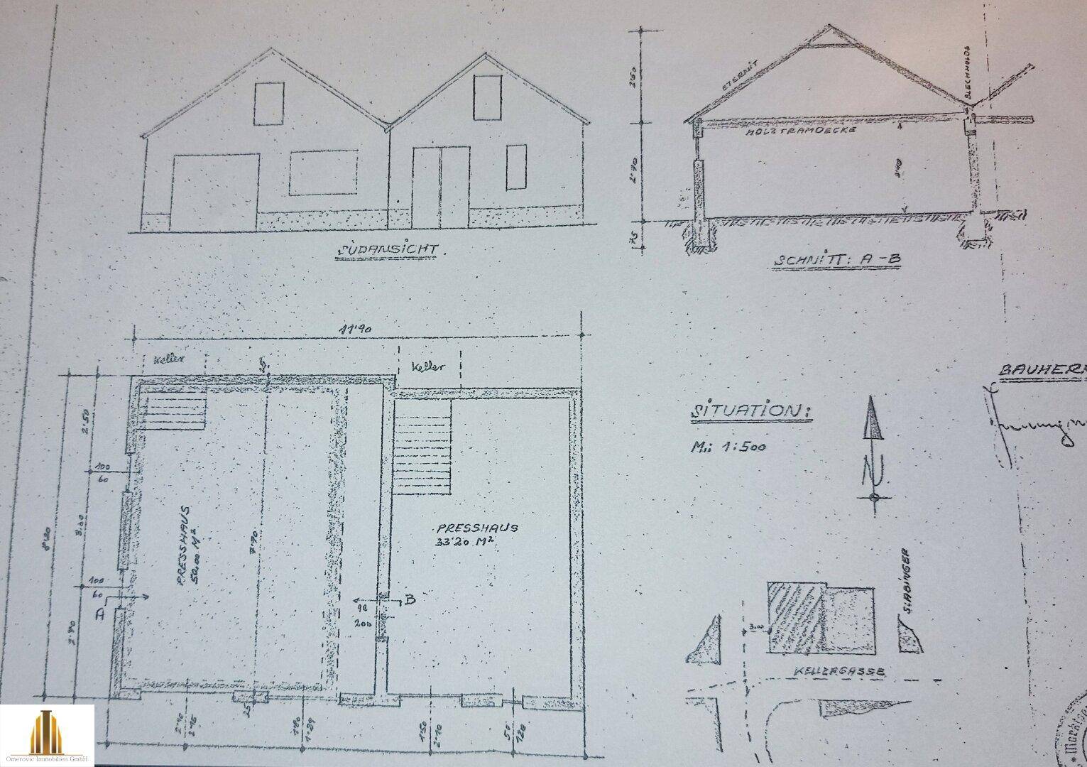 Technischer Grundriss des Gebäudes mit Ansichten, Schnitt und Lageplan.