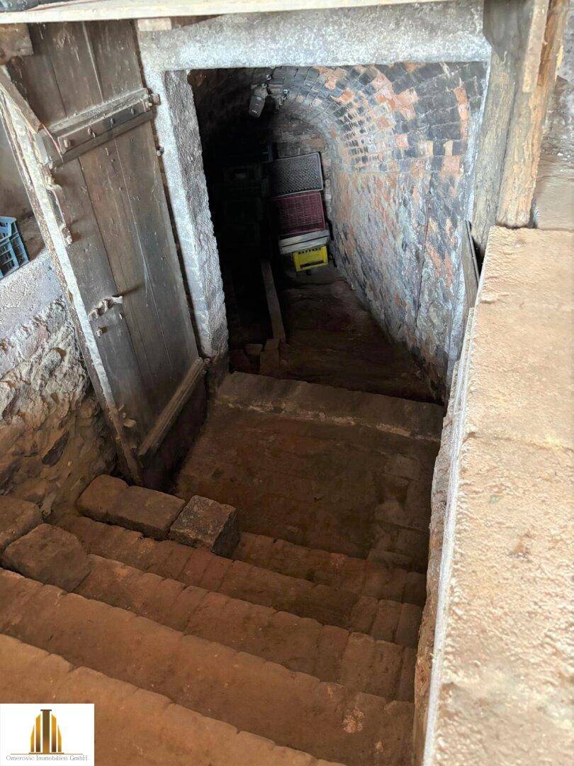 Alte Steintreppe führt hinab in einen gemauerten Keller mit Holztür.