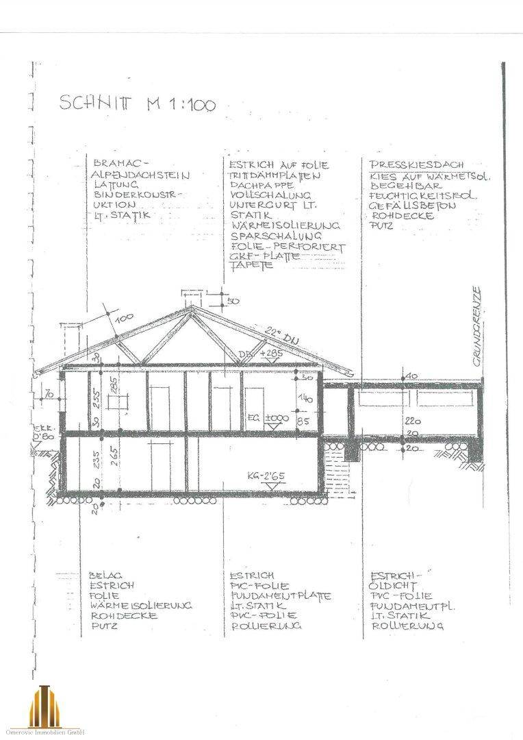 Schnittzeichnung eines Gebäudes mit Details zu Konstruktion, Materialien und Dachform.