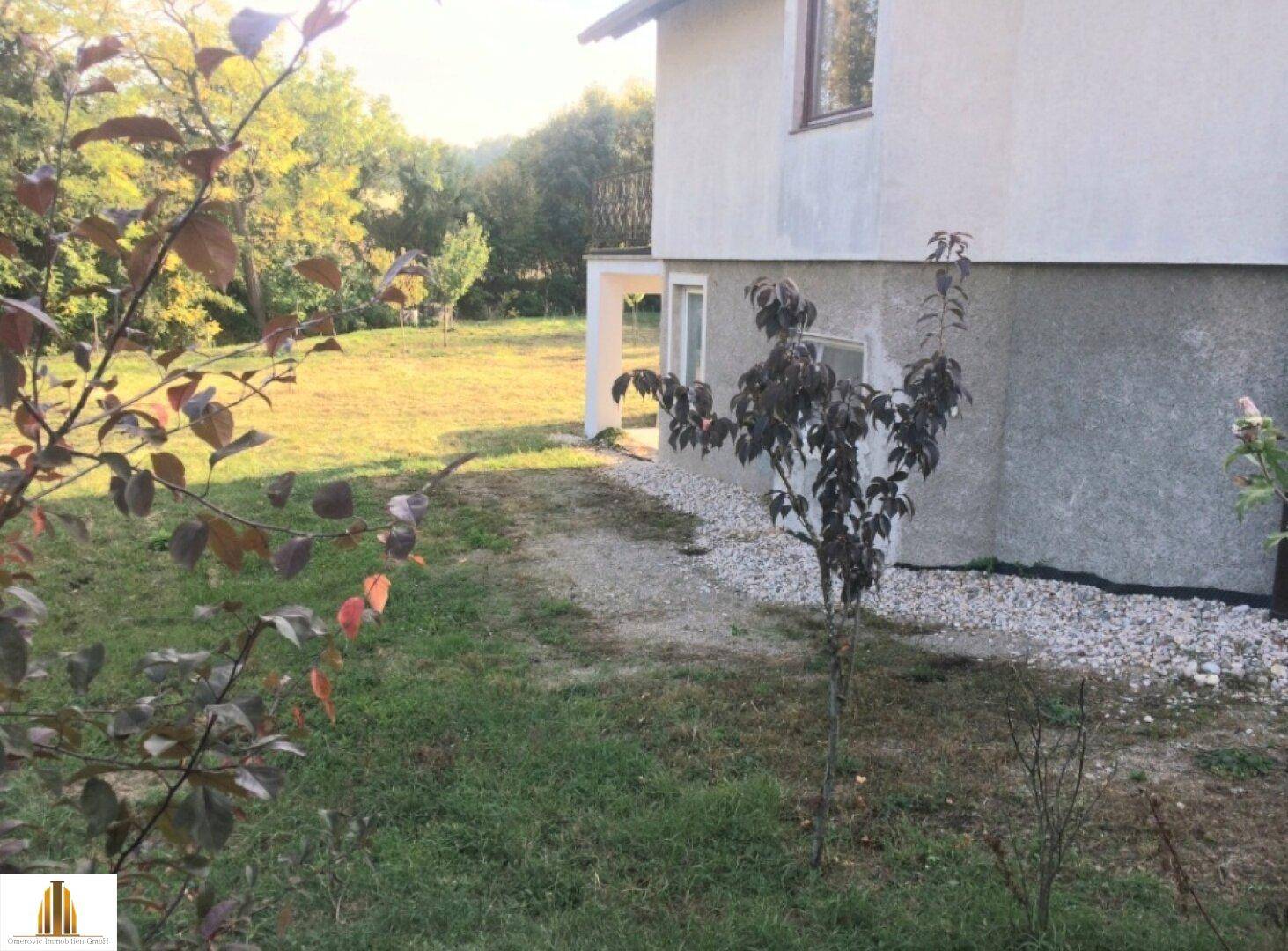 Hausfassade mit Kiesbereich und jungem Baum, umgeben von Grünflächen.