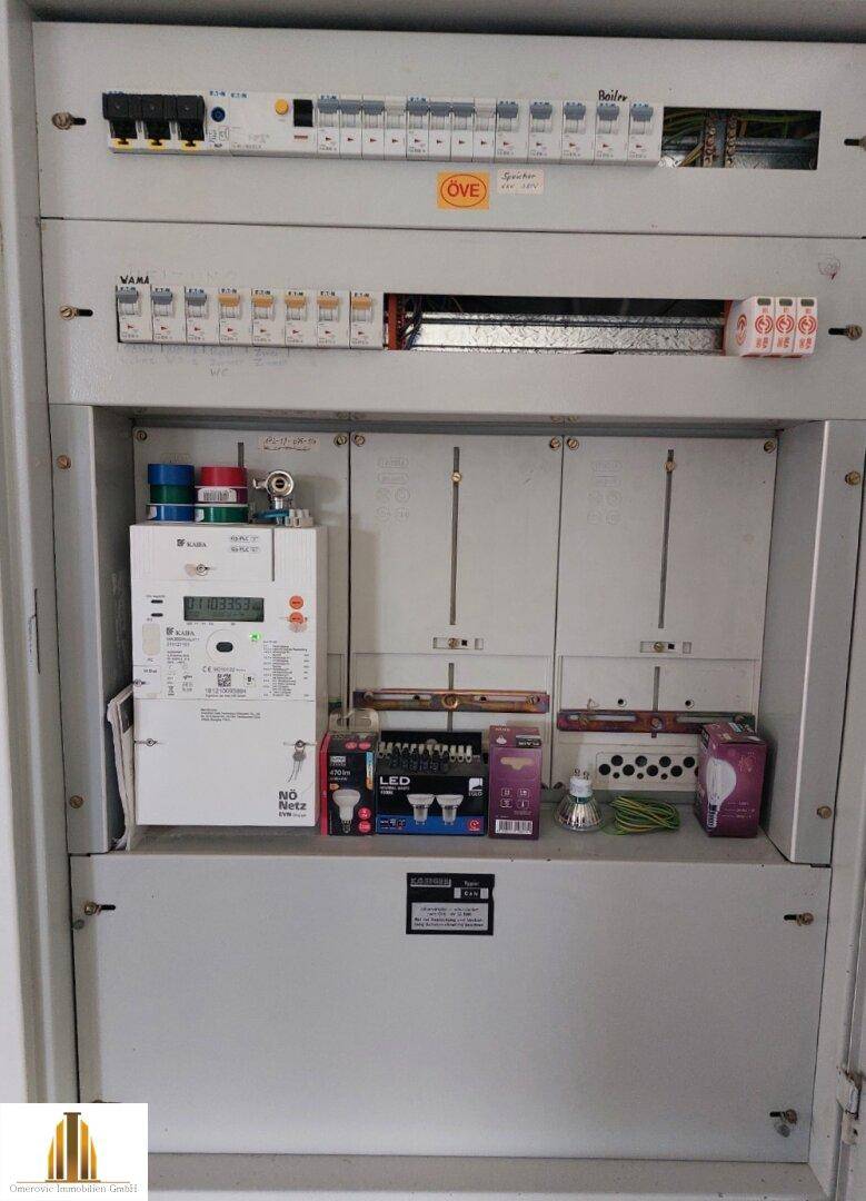 Elektrischer Verteilerkasten mit Sicherungen und Zähler in einem Technikraum.